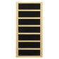 Natural wood sauna cabin with seven black glass panels separated by wooden frame slats, front view on white background