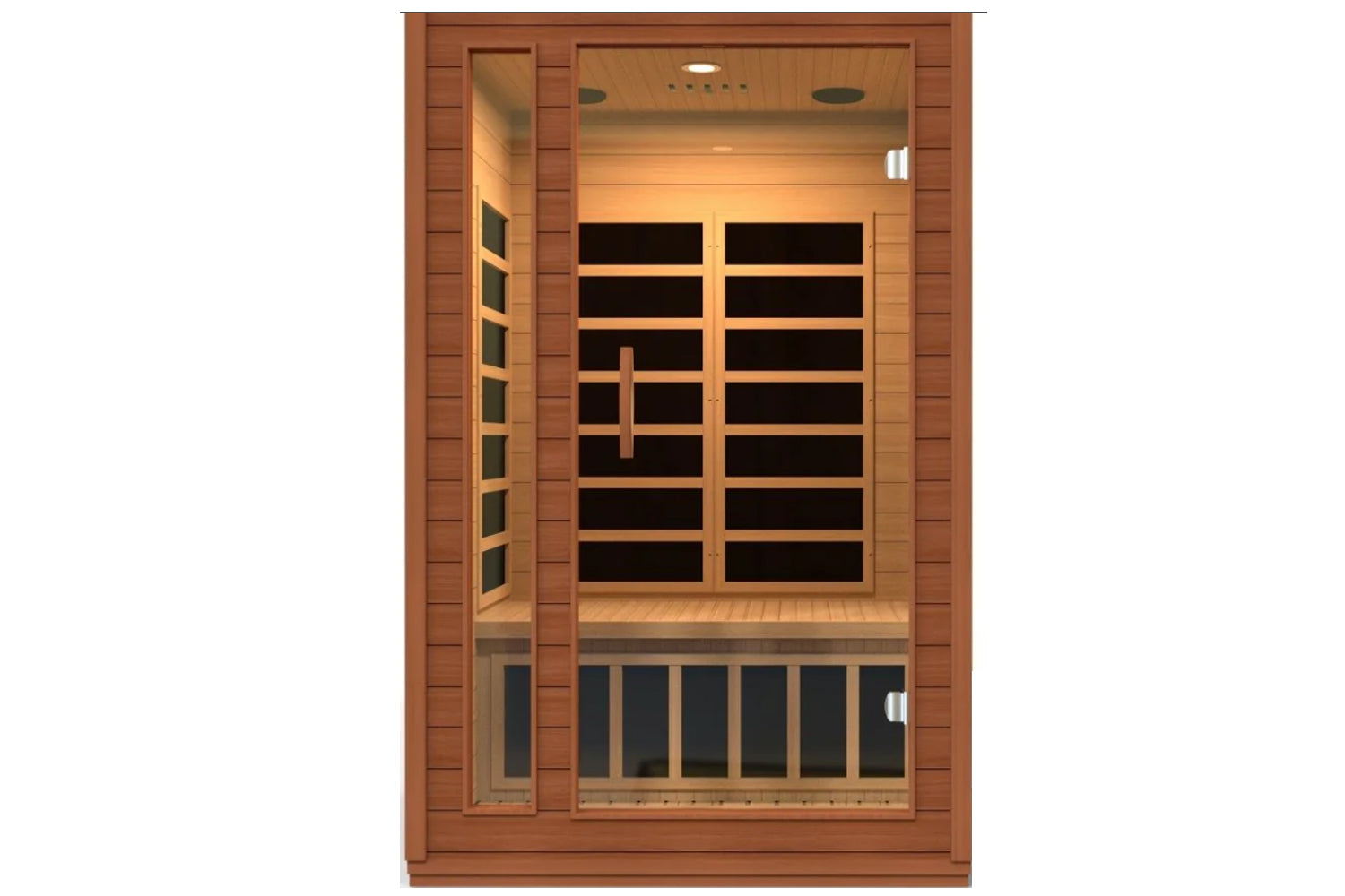 Two-person infrared sauna with cedarwood frame, black heating panels, and glass door, featuring interior lighting and bench s