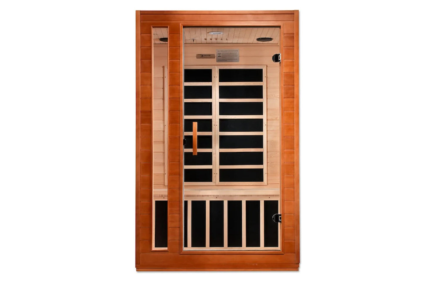 Far infrared sauna cabinet with cherry wood frame, glass front doors with black interior panels, wood benches, and control pa