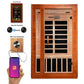 Far infrared sauna with cedar wood frame, tempered glass doors with black interior panels, control panel with digital display