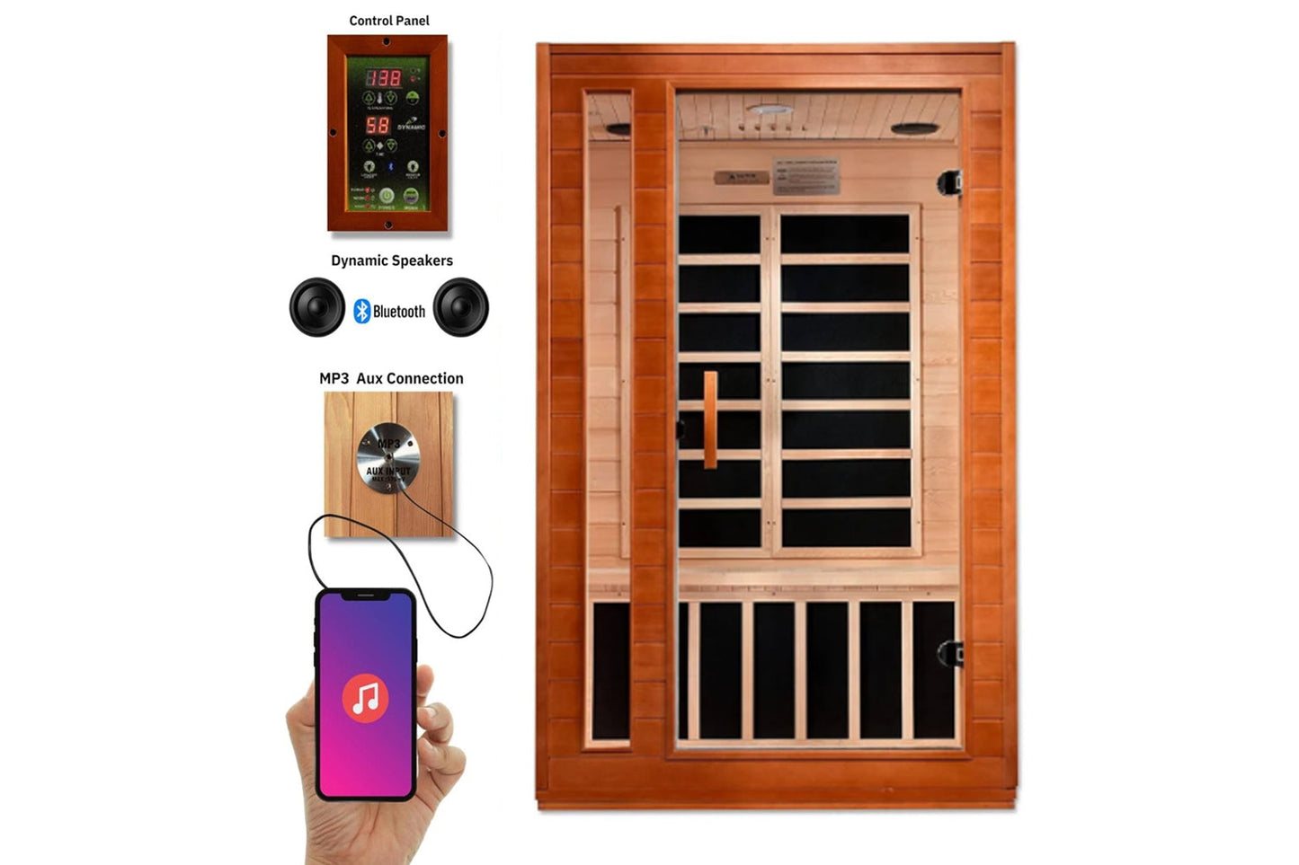 Far infrared sauna with cedar wood frame, tempered glass doors with black interior panels, control panel with digital display