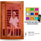 Woman in pink robe seated inside wooden infrared sauna with red interior and chromotherapy light panel with remote controller