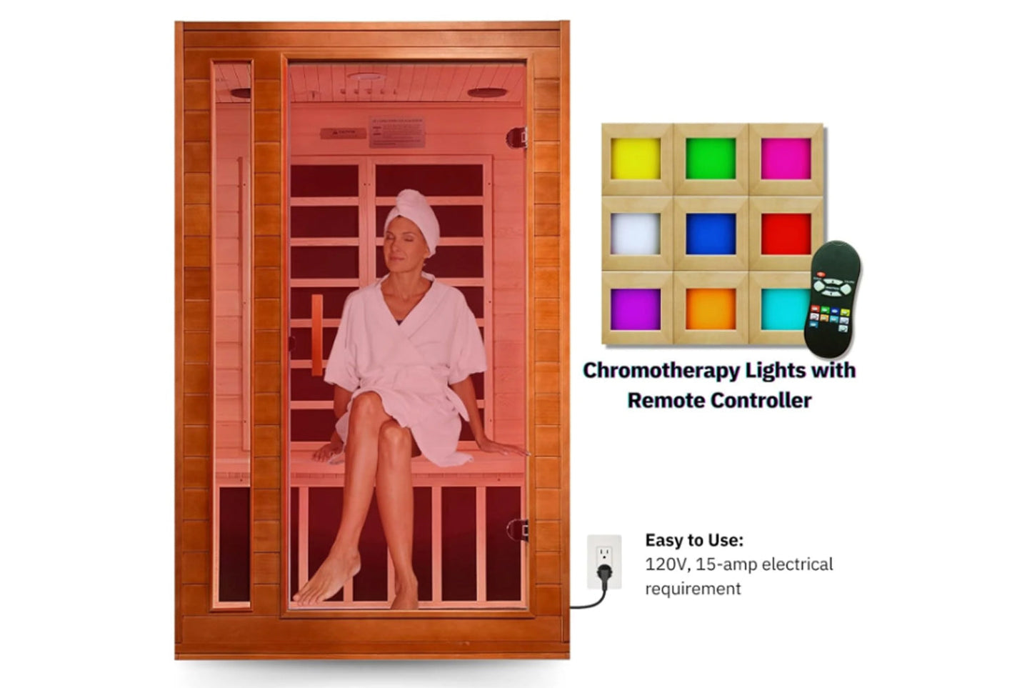 Woman in pink robe seated inside wooden infrared sauna with red interior and chromotherapy light panel with remote controller