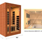 Two-person infrared sauna with cedarwood exterior and glass door, showing 75 inch height, 46 inch width, 41 inch depth, with 