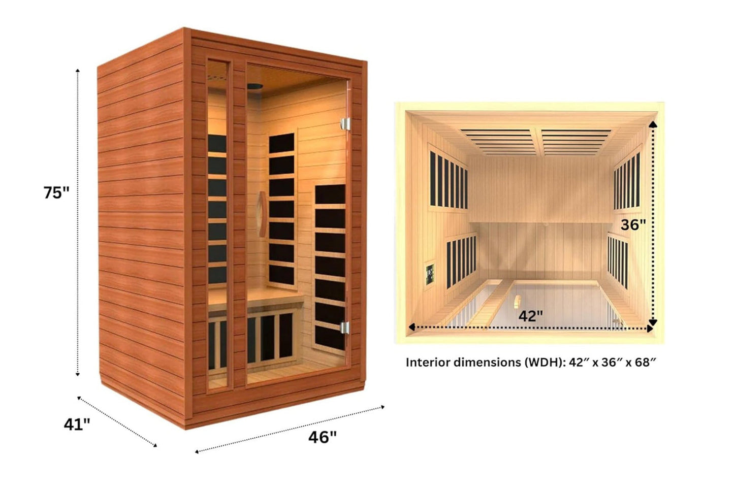 Two-person infrared sauna with cedarwood exterior and glass door, showing 75 inch height, 46 inch width, 41 inch depth, with 