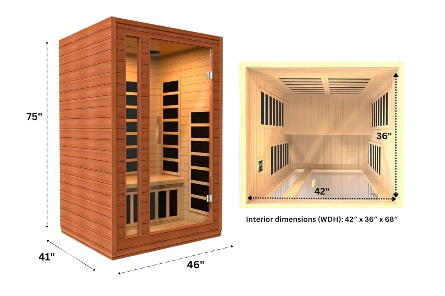 Two-person infrared sauna with cedarwood exterior and glass door, showing 75 inch height, 46 inch width, 41 inch depth, with 