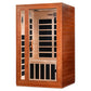 Rectangular cedar infrared sauna with glass door and side panel windows, black heating elements visible inside, on white back