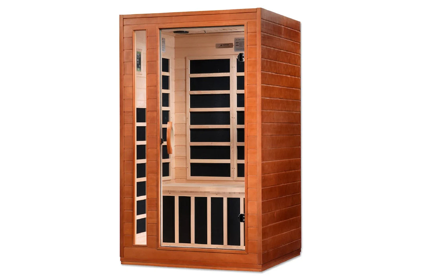 Rectangular cedar infrared sauna with glass door and side panel windows, black heating elements visible inside, on white back