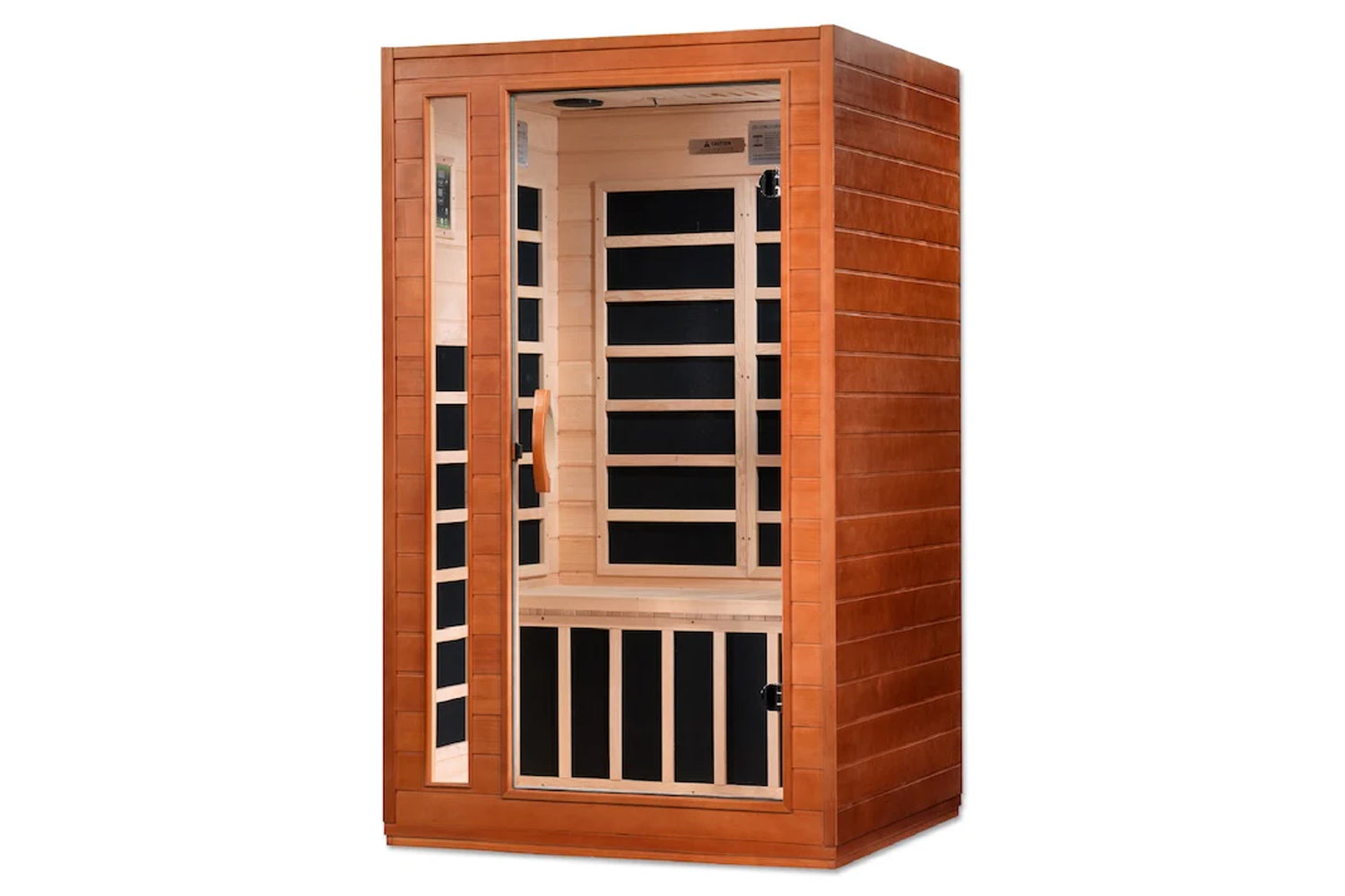 Rectangular cedar infrared sauna with glass door and side panel windows, black heating elements visible inside, on white back