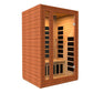 Cedar wood 2-person infrared sauna with glass front door, black heating elements, and warm interior lighting on white backgro