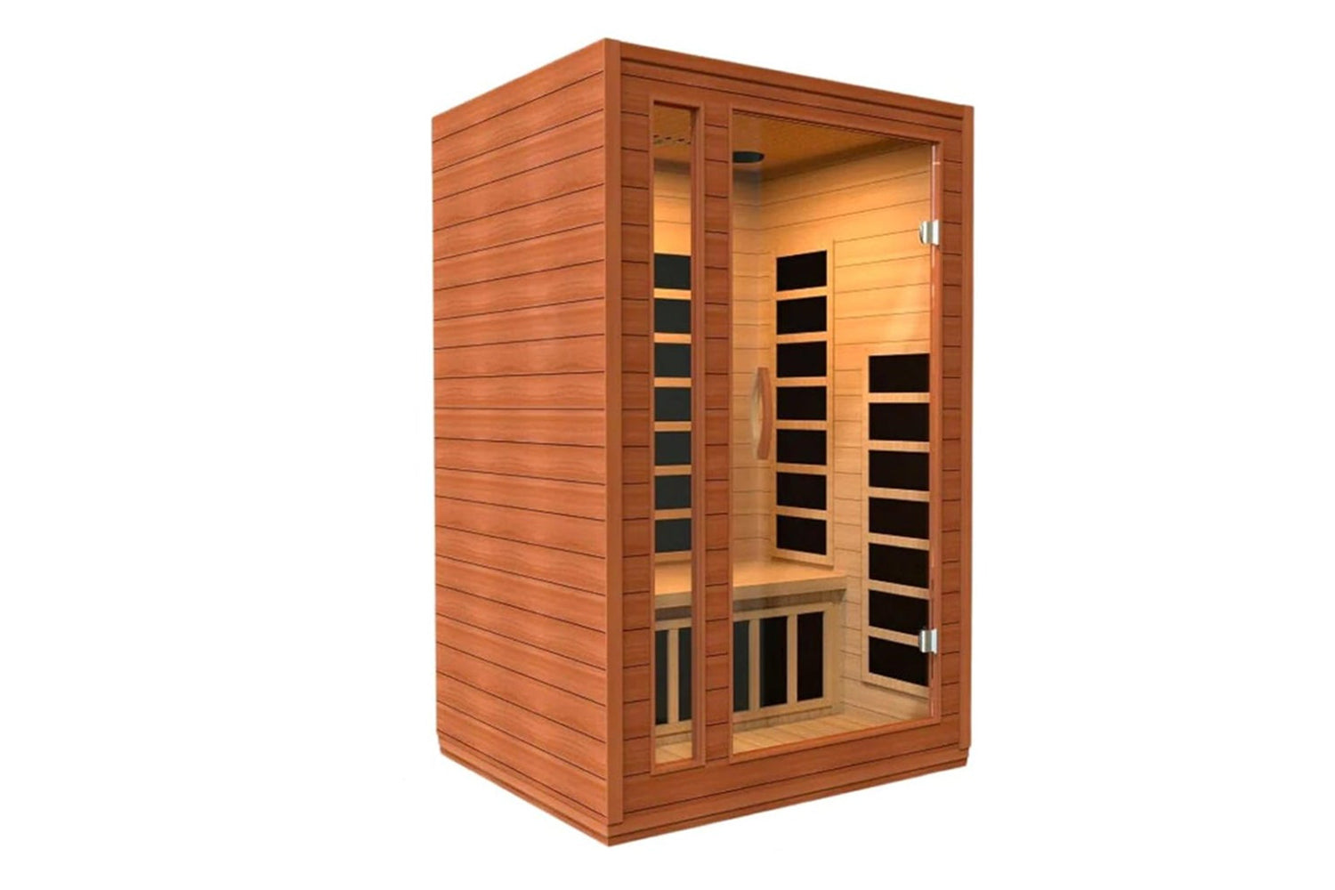 Cedar wood 2-person infrared sauna with glass front door, black heating elements, and warm interior lighting on white backgro