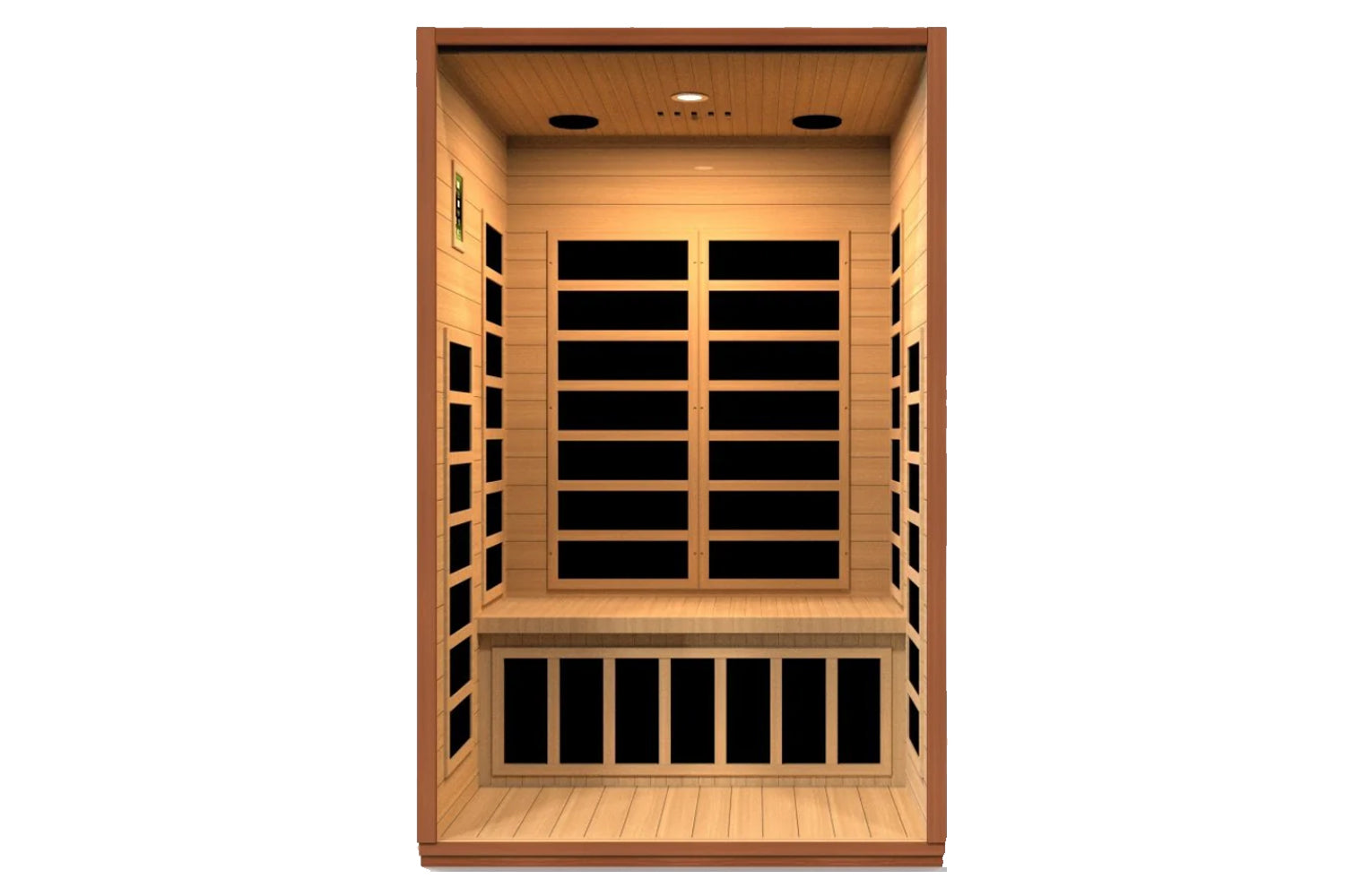 Two-person infrared sauna with light wood construction, black heating panels on front and side walls, wooden bench seating, a