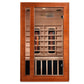 Wooden infrared sauna cabinet with glass front door, cedar interior, heating panels, and control panel on white background