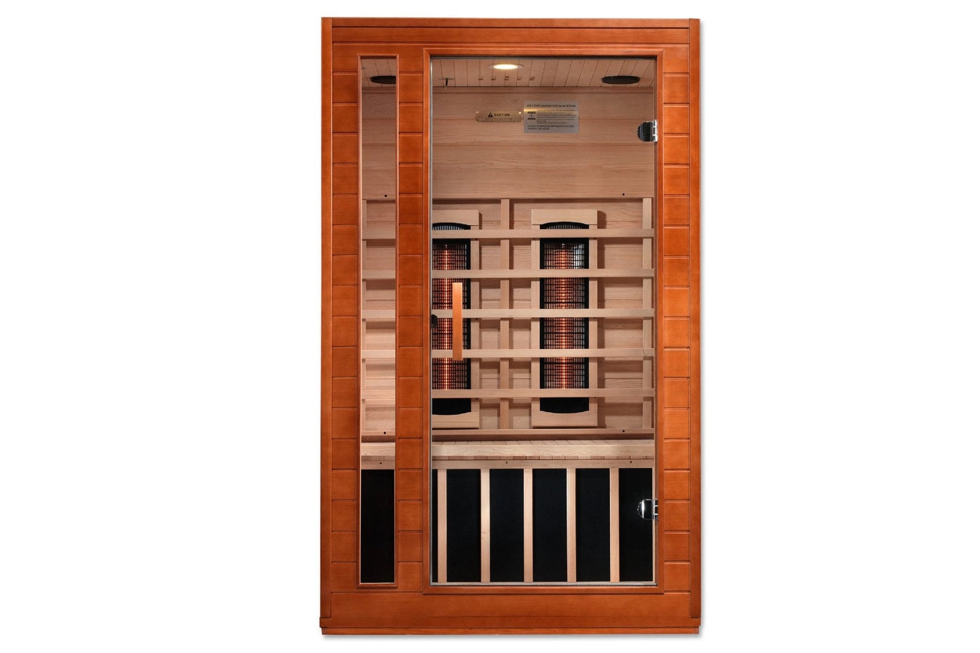 Wooden infrared sauna cabinet with glass front door, cedar interior, heating panels, and control panel on white background