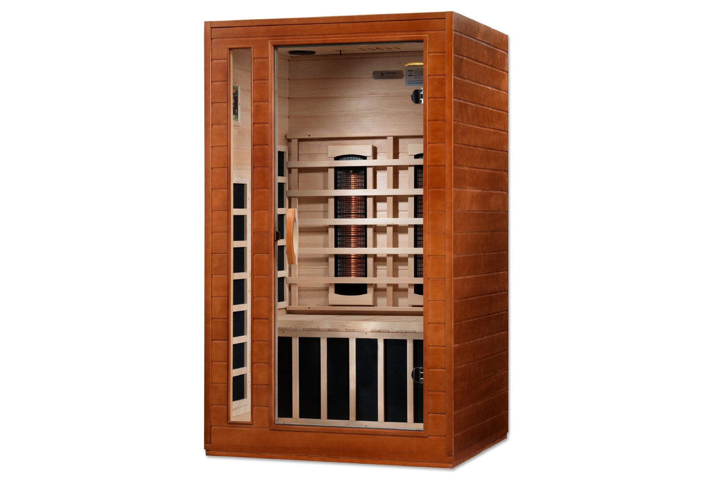 Cedar wood infrared sauna cabin with glass front door, interior wooden benches, heating elements, and control panel on white 