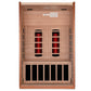 Wooden sauna cabin with eight red infrared heater elements and seven black ventilation panels, viewed from front on white bac