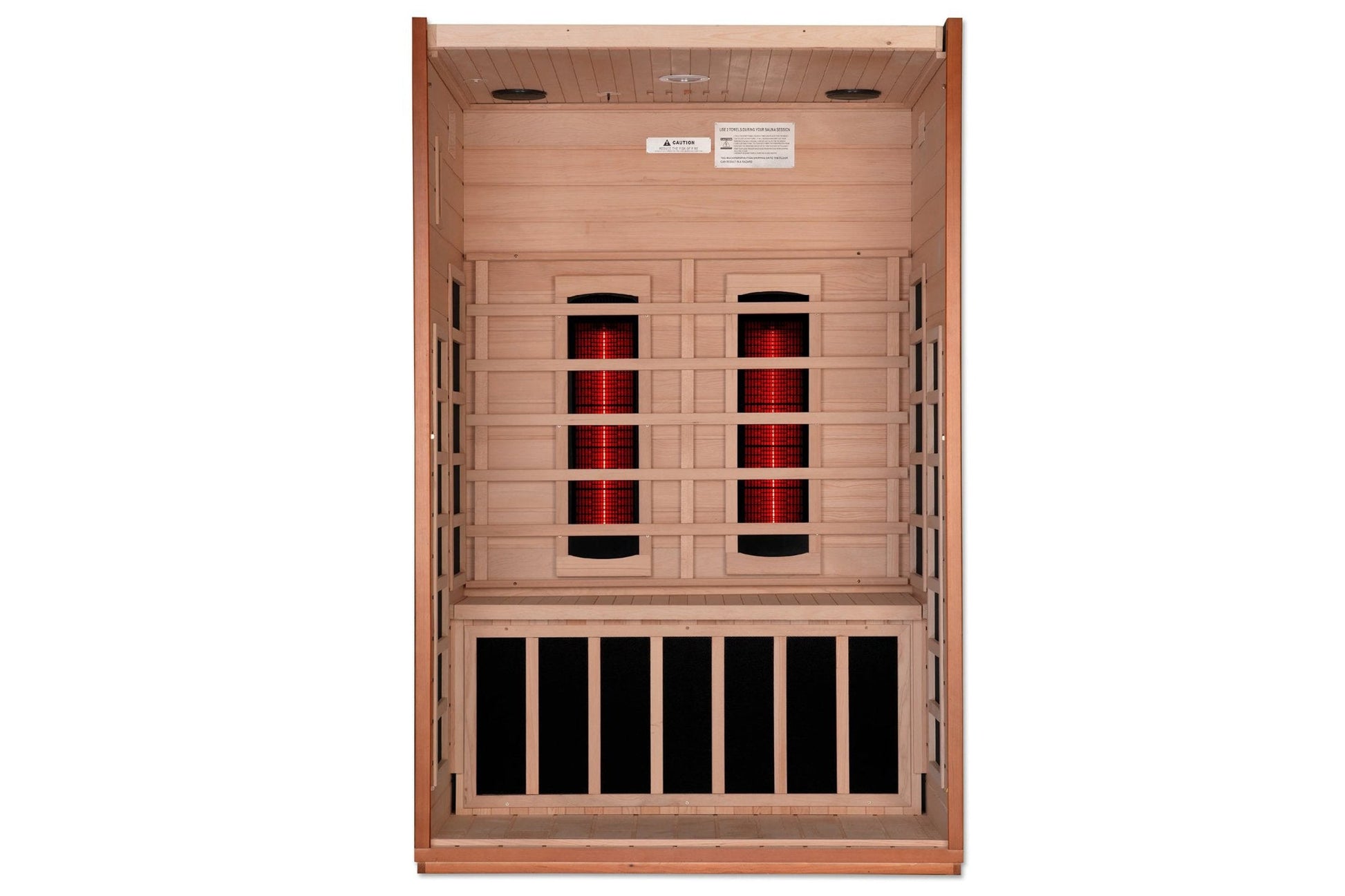 Wooden sauna cabin with eight red infrared heater elements and seven black ventilation panels, viewed from front on white bac