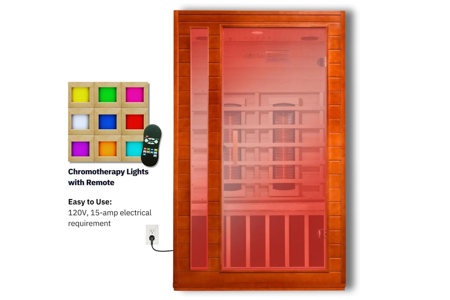 Dynamic Cordoba 2-person far infrared sauna with red interior, wood frame, chromotherapy lights with remote control, and powe