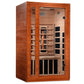 Two-person infrared sauna with reddish-brown wood exterior, glass door, light wood interior, black heating panels, and bench 