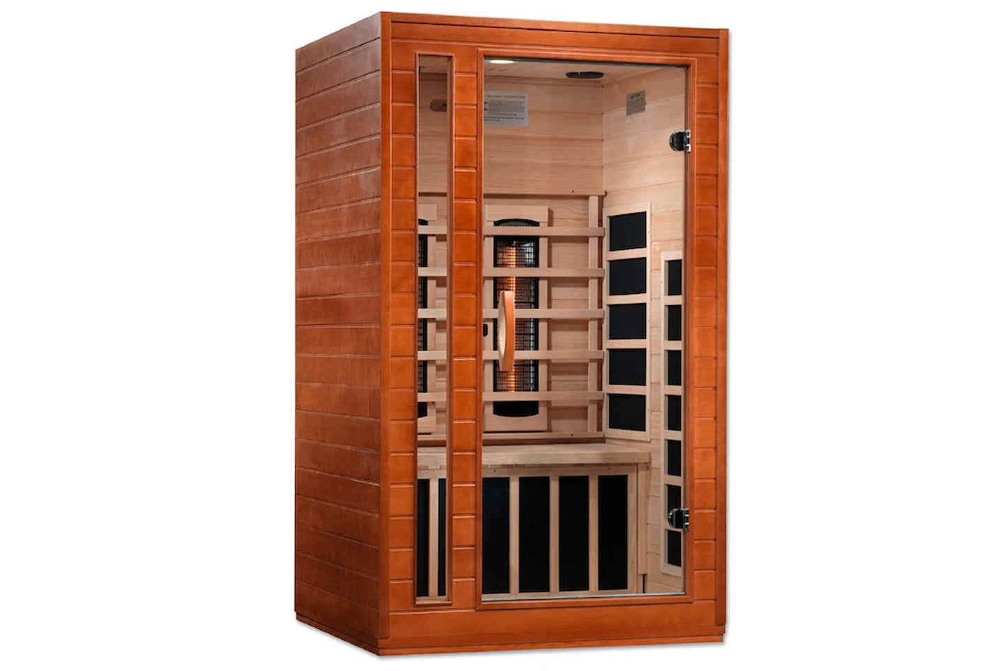 Two-person infrared sauna with reddish-brown wood exterior, glass door, light wood interior, black heating panels, and bench 