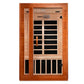 Cedar wood infrared sauna cabinet with dual glass doors, black interior panels, and wooden bench seating on white background