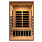 Wooden 2-person infrared sauna with light wood interior, black heating panels on back and front walls, and control panel on l