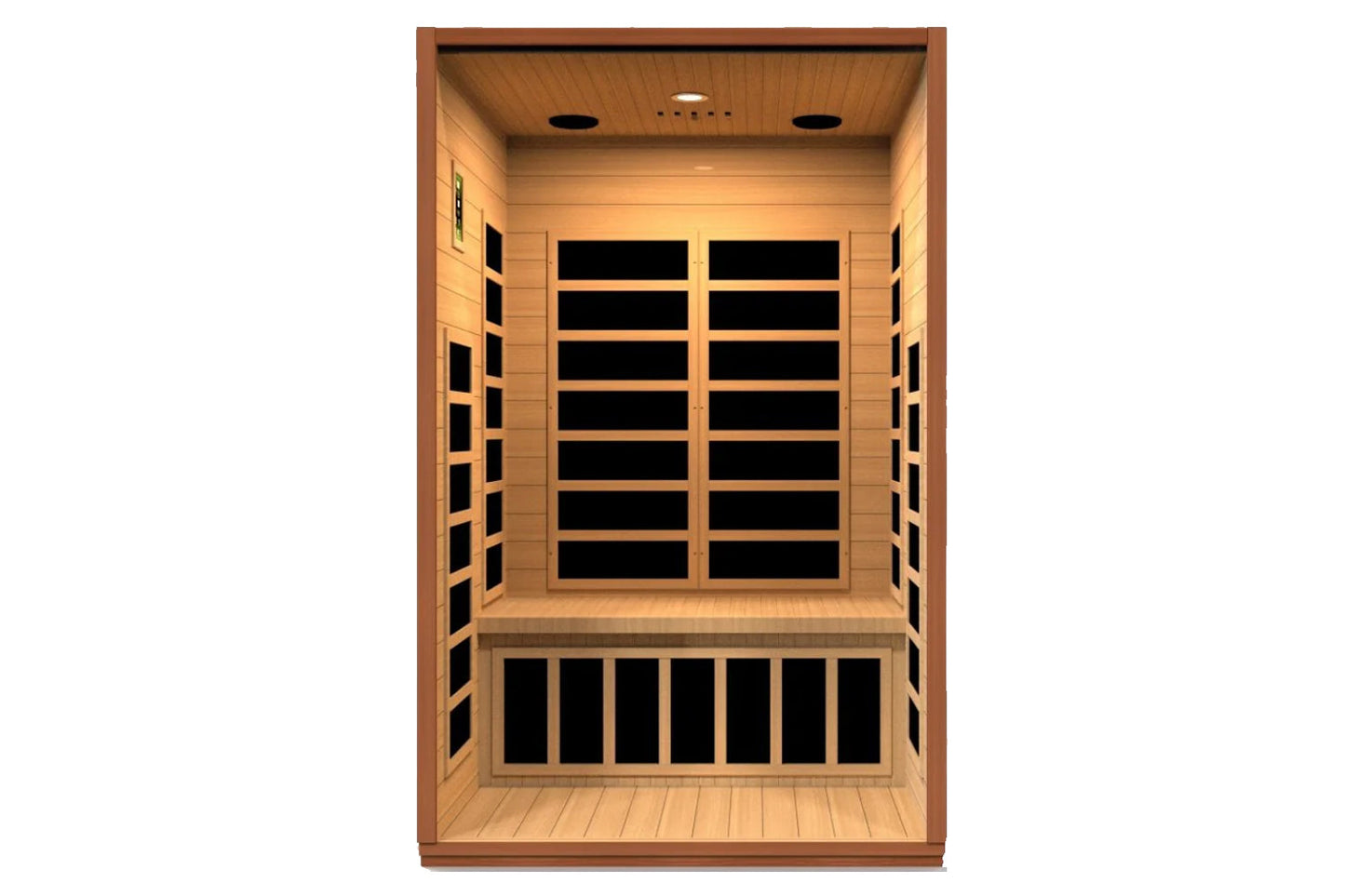 Wooden 2-person infrared sauna with light wood interior, black heating panels on back and front walls, and control panel on l