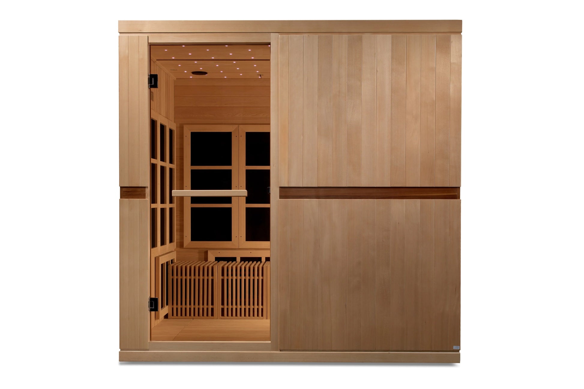 Wooden infrared sauna with light cedar exterior, glass front door with black windows, interior benches, overhead lighting, an