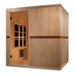Light wood infrared sauna cabin with glass door panel, vertical wood siding, dark trim band, and bench seating visible inside