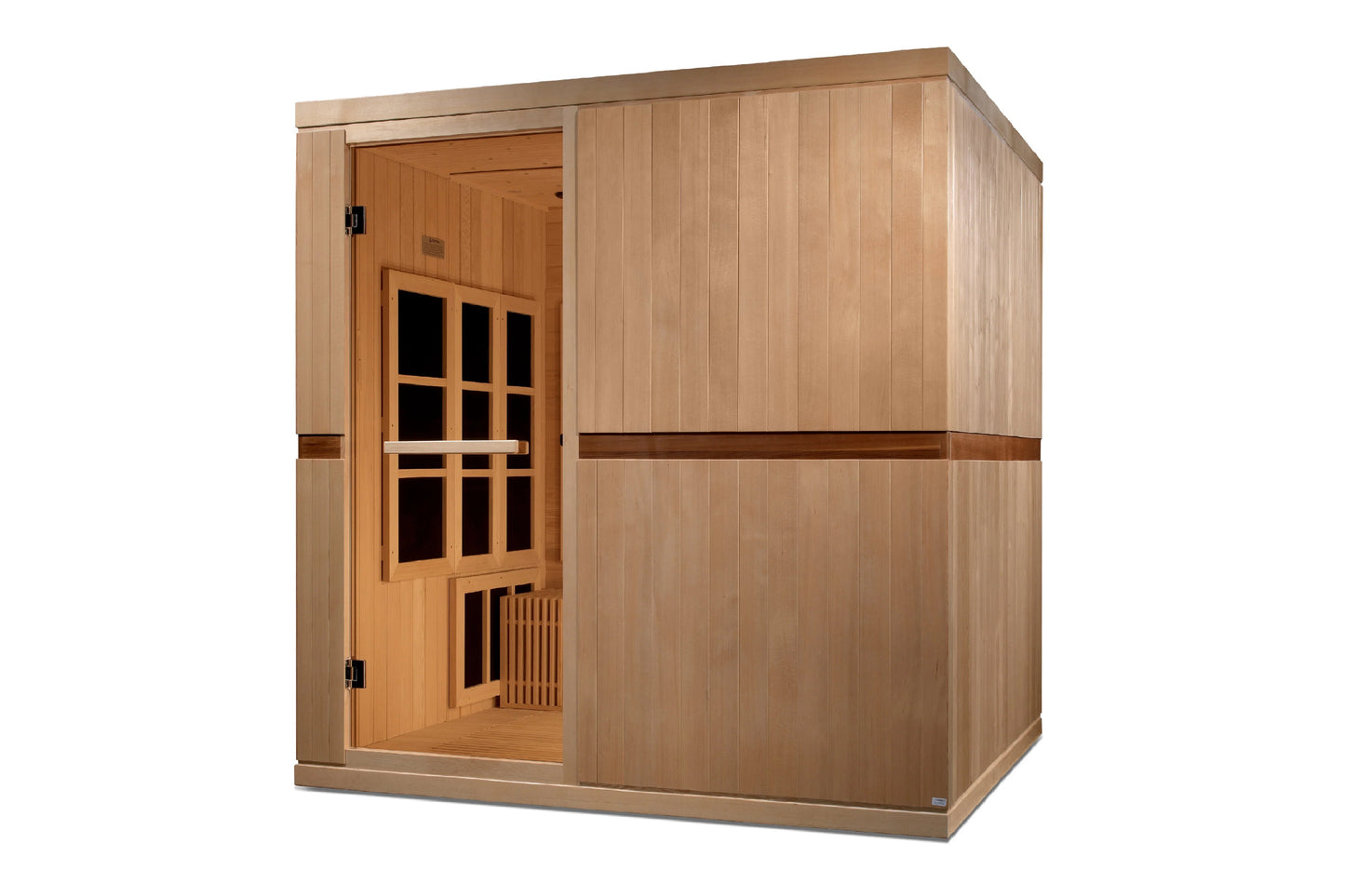 Light wood infrared sauna cabin with glass door panel, vertical wood siding, dark trim band, and bench seating visible inside