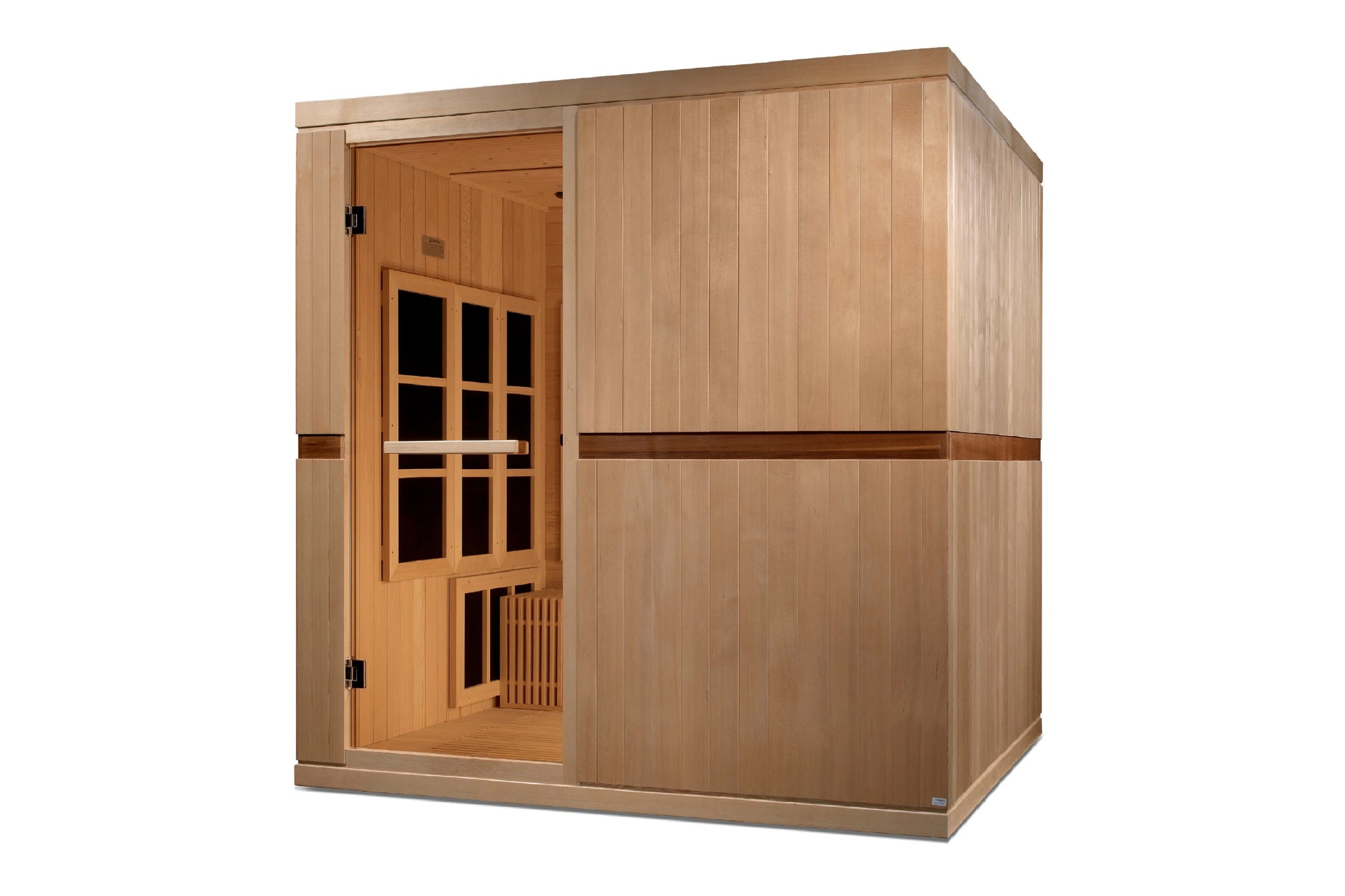 Light wood infrared sauna cabin with glass door panel, vertical wood siding, dark trim band, and bench seating visible inside