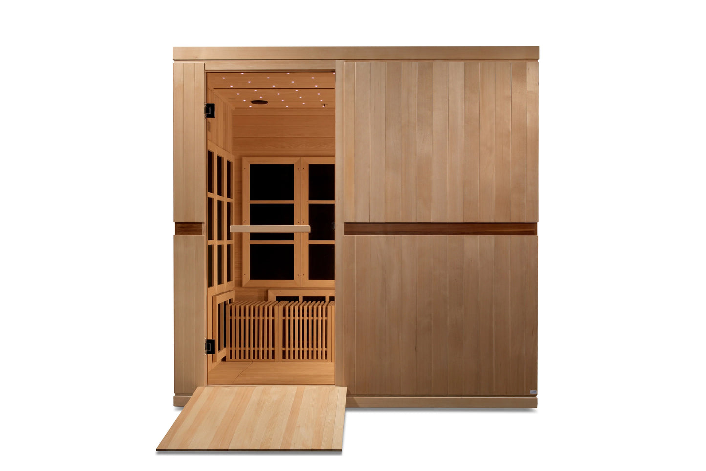 Light wood infrared sauna cabin with glass door, interior benches, recessed ceiling lights, and wooden ramp entrance on white