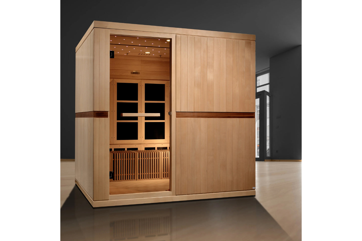 Light wood infrared sauna cabin with glass front door, interior bench seating, LED ceiling lights, and dark wood accent trim,