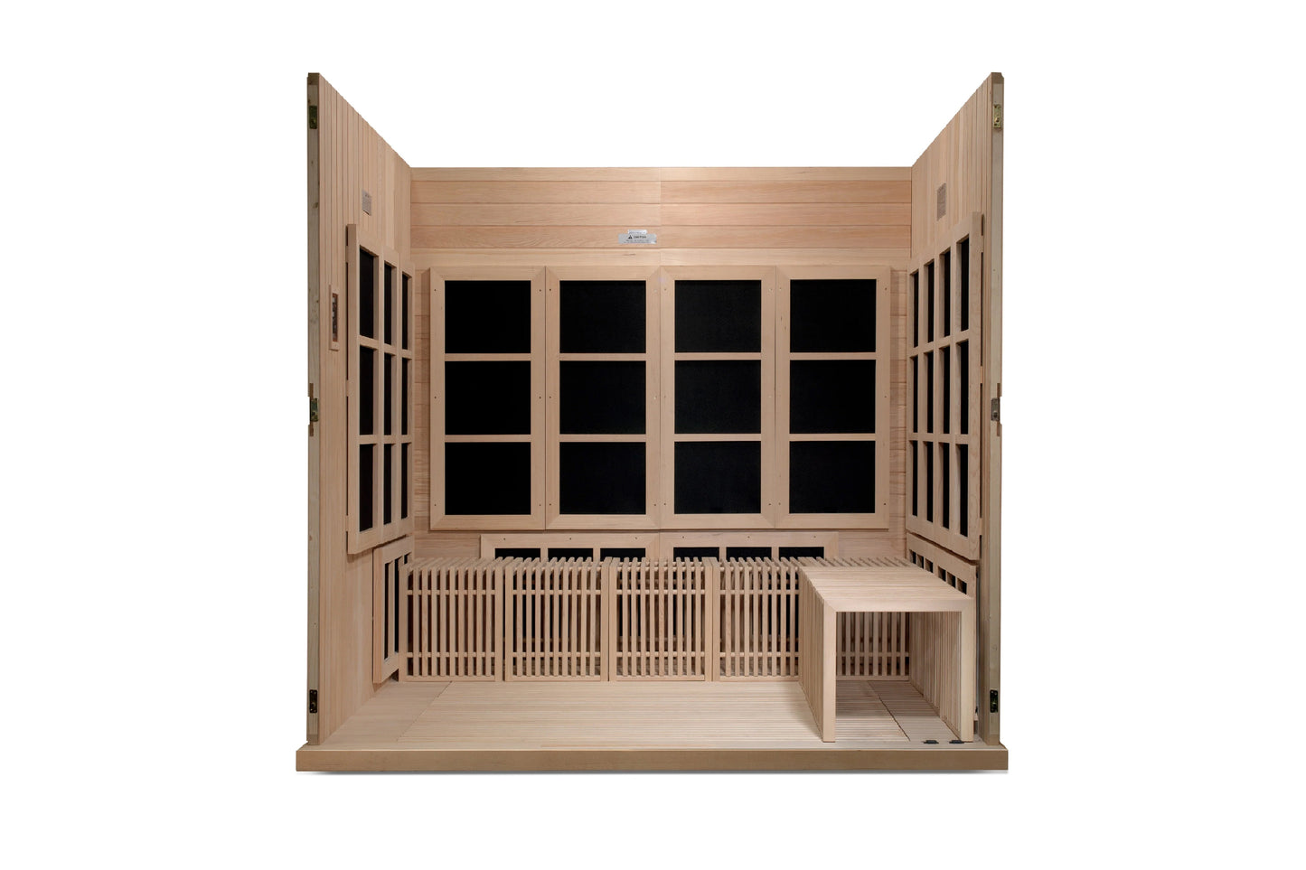 Light wood infrared sauna with glass front doors, bench seating, and interior black glass panels, front-facing view on white 