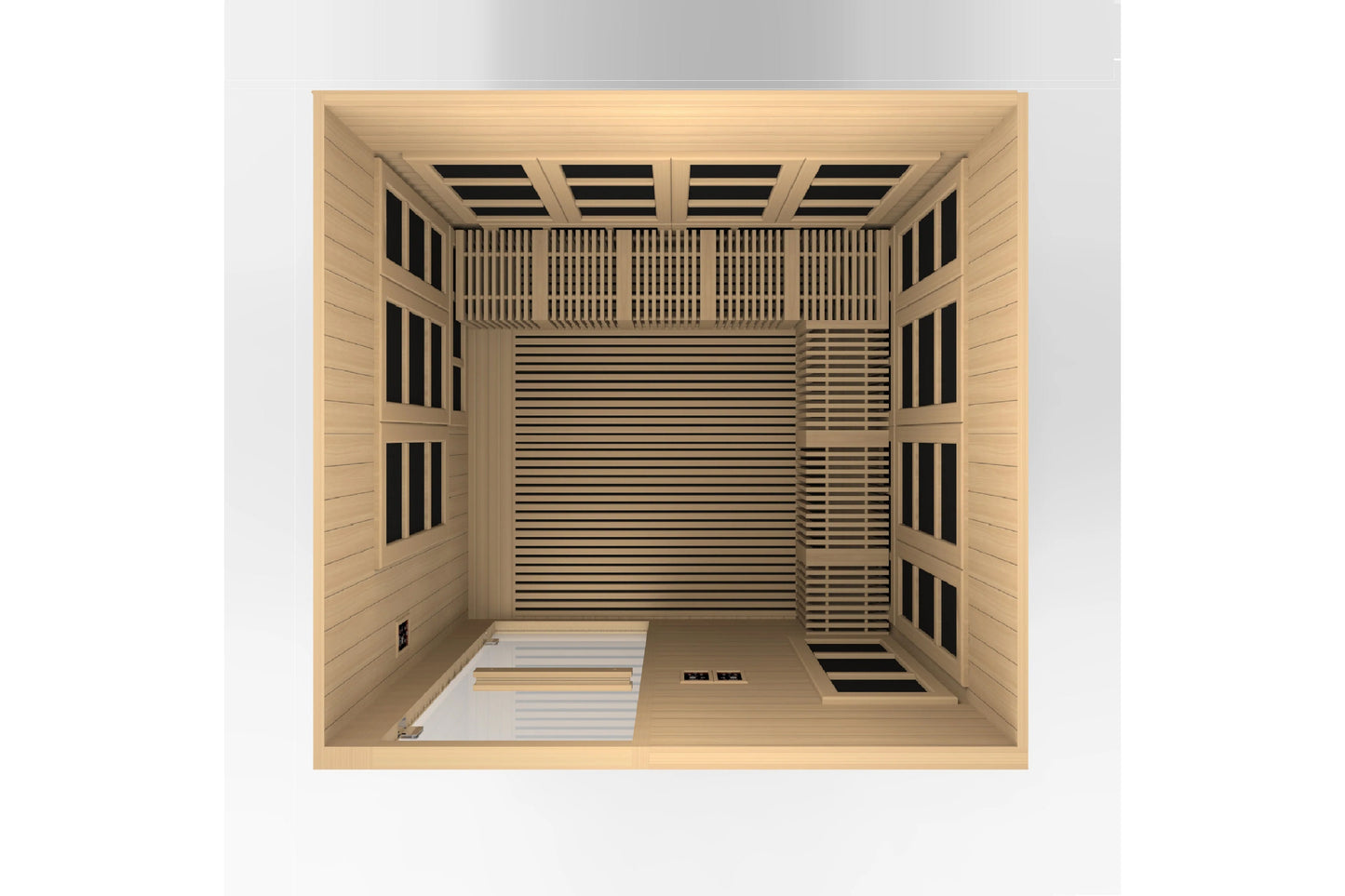 Natural wood infrared sauna cabin with wooden benches, black heater panels, and overhead infrared heating elements, viewed fr