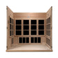 Natural wood far infrared sauna with open double doors, black glass panels, and wooden bench seating, viewed from front on wh