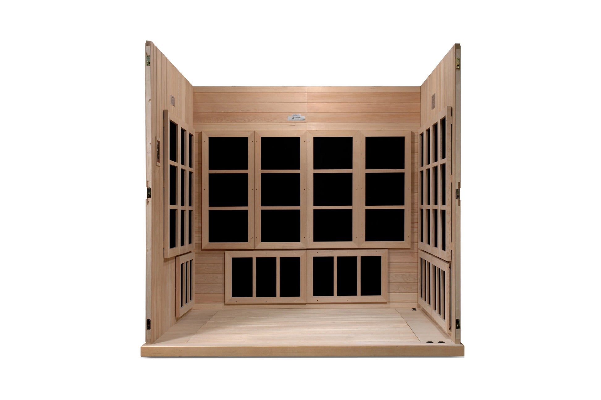 Natural wood far infrared sauna with open double doors, black glass panels, and wooden bench seating, viewed from front on wh