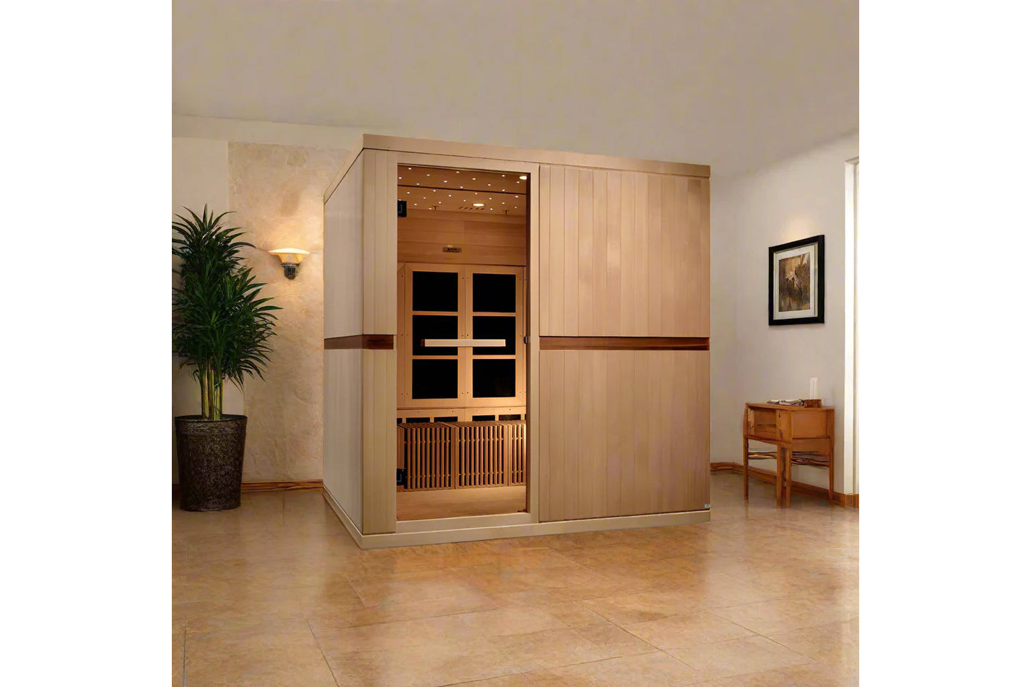 Light wood infrared sauna cabin with glass door and dark trim, installed in modern home interior with potted plant and wooden