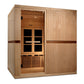 Light wood infrared sauna with glass front door, interior bench seating, ceiling lights, and dark trim accent on white backgr