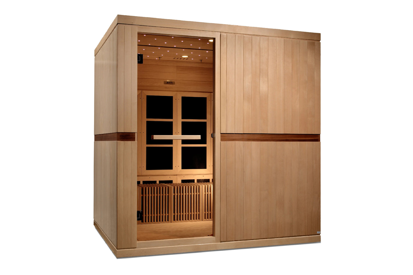Light wood infrared sauna with glass front door, interior bench seating, ceiling lights, and dark trim accent on white backgr