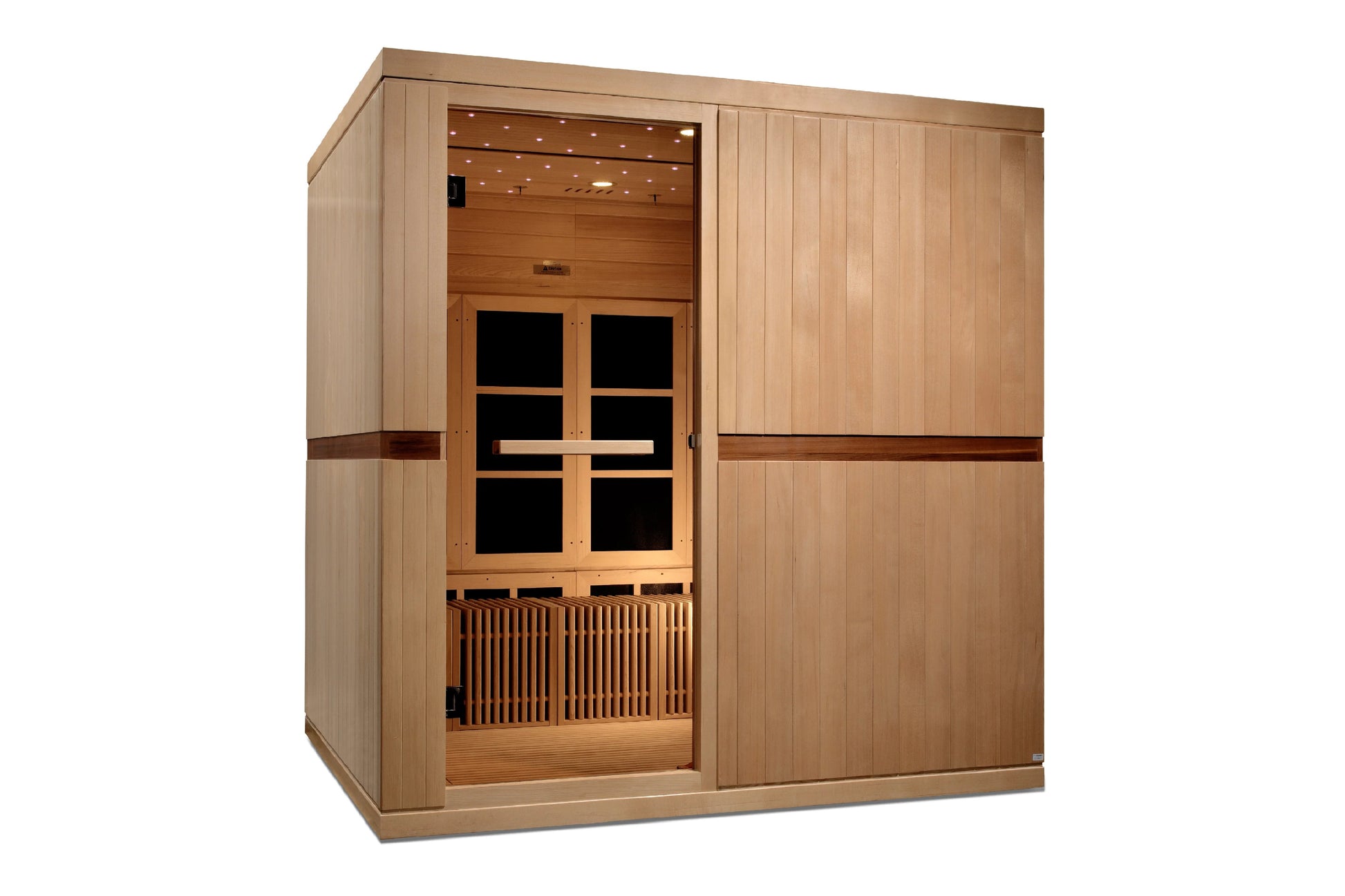 Light wood infrared sauna with glass front door, interior bench seating, ceiling lights, and dark trim accent on white backgr