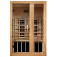 Golden Designs Serena 2-person infrared sauna with light wood exterior, glass doors, interior wood benches, and glowing infra