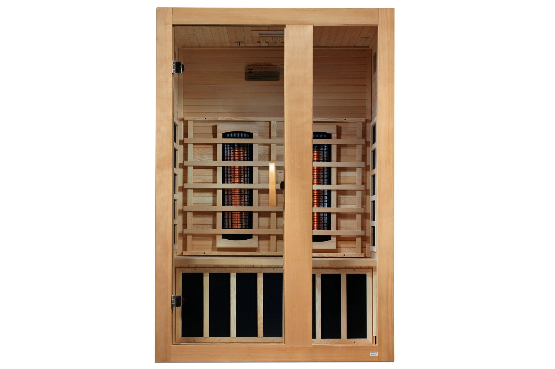 Golden Designs Serena 2-person infrared sauna with light wood exterior, glass doors, interior wood benches, and glowing infra