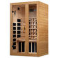Golden Designs "Serena" 2-person far infrared sauna with light wood construction, glass doors, black heater panels, and inter