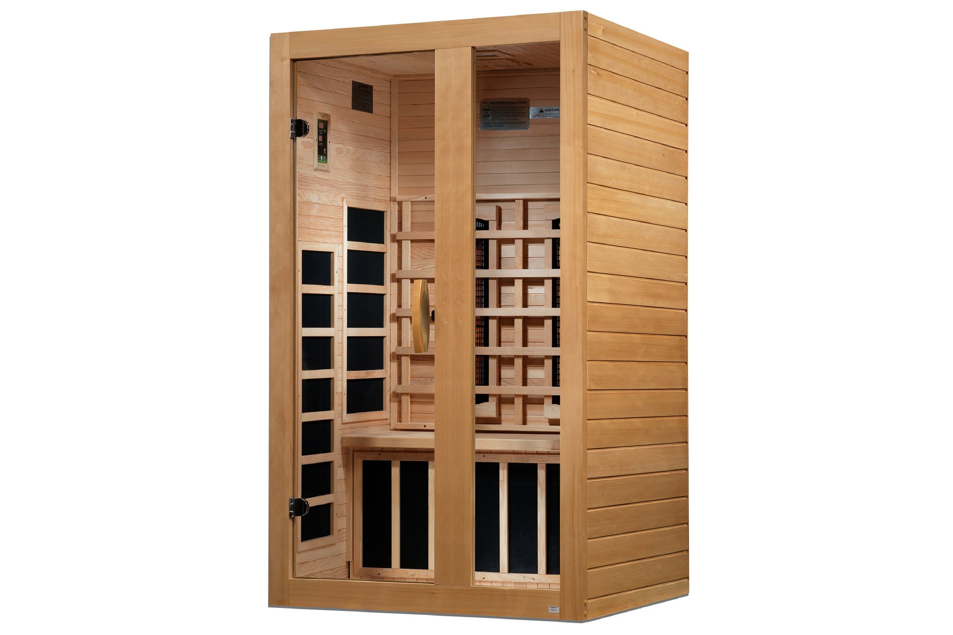 Golden Designs "Serena" 2-person far infrared sauna with light wood construction, glass doors, black heater panels, and inter