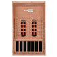 Cedar wood infrared sauna with two glowing red heating panels and ventilation grilles, front view