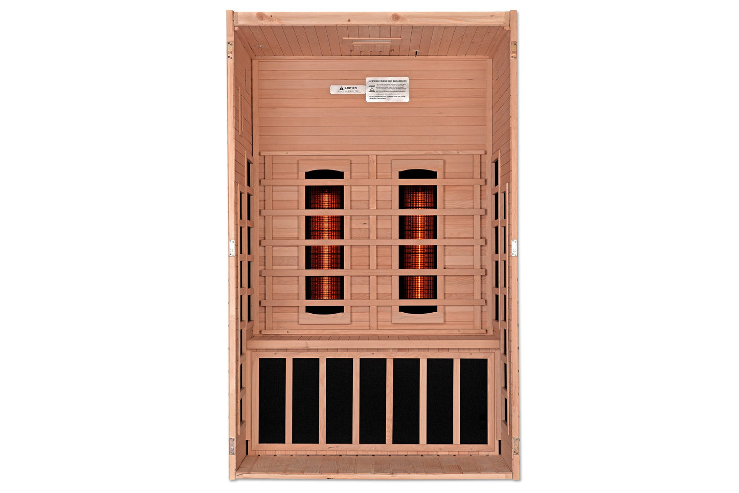 Cedar wood infrared sauna with two glowing red heating panels and ventilation grilles, front view