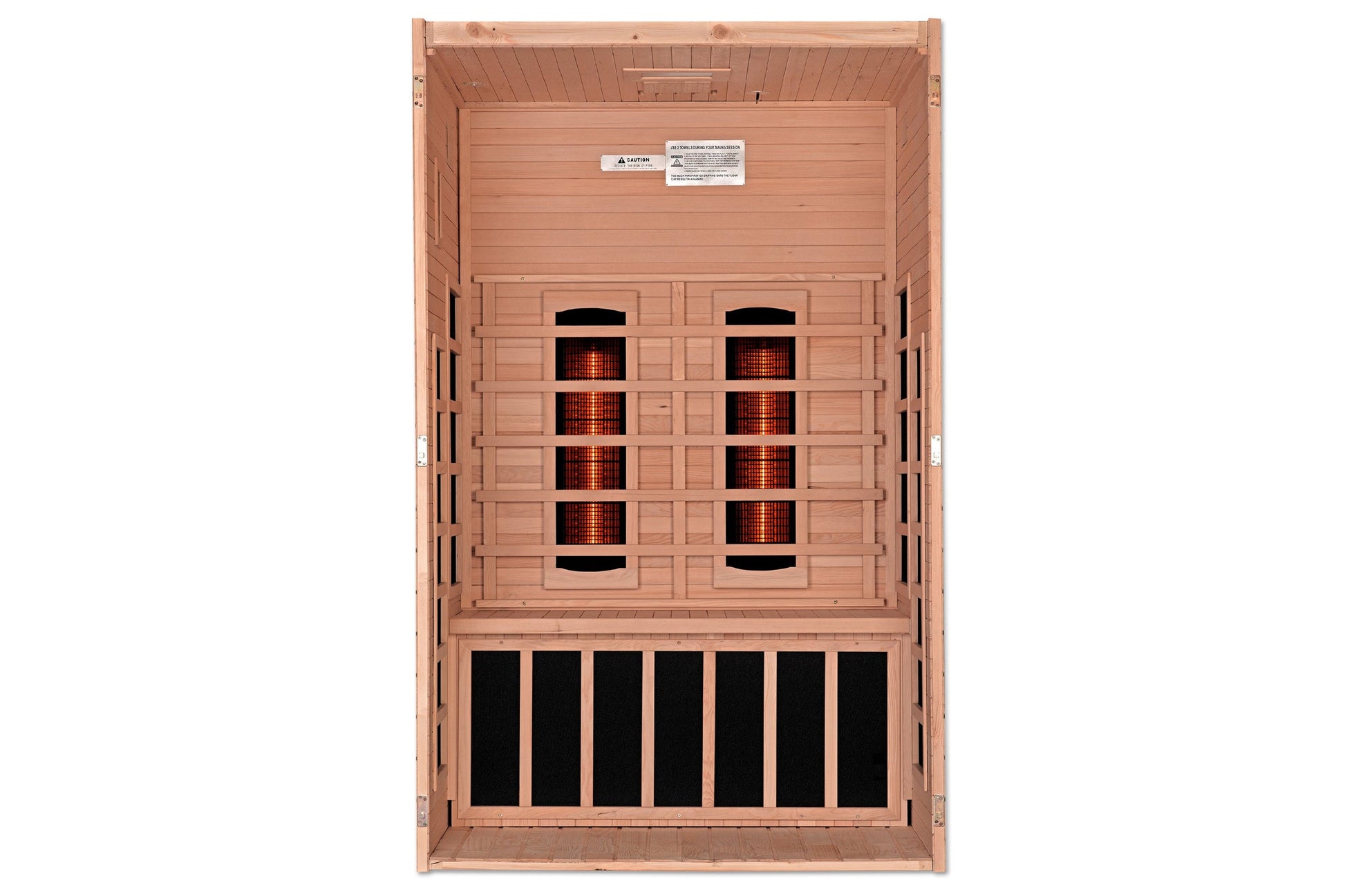 Cedar wood infrared sauna with two glowing red heating panels and ventilation grilles, front view