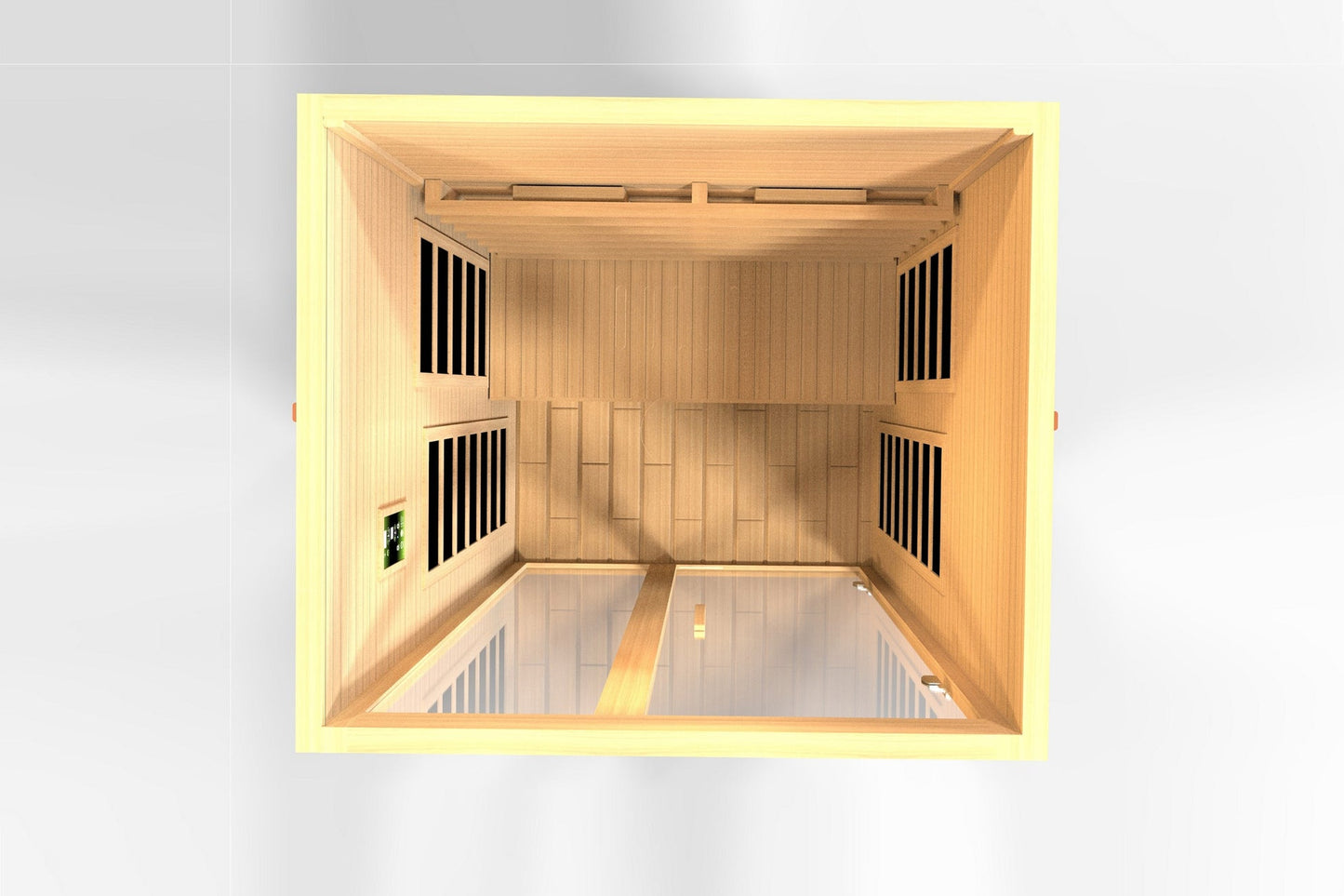 Golden Designs Serena 2-person far infrared sauna interior view with wood paneling, four black vents, and warm yellow lightin
