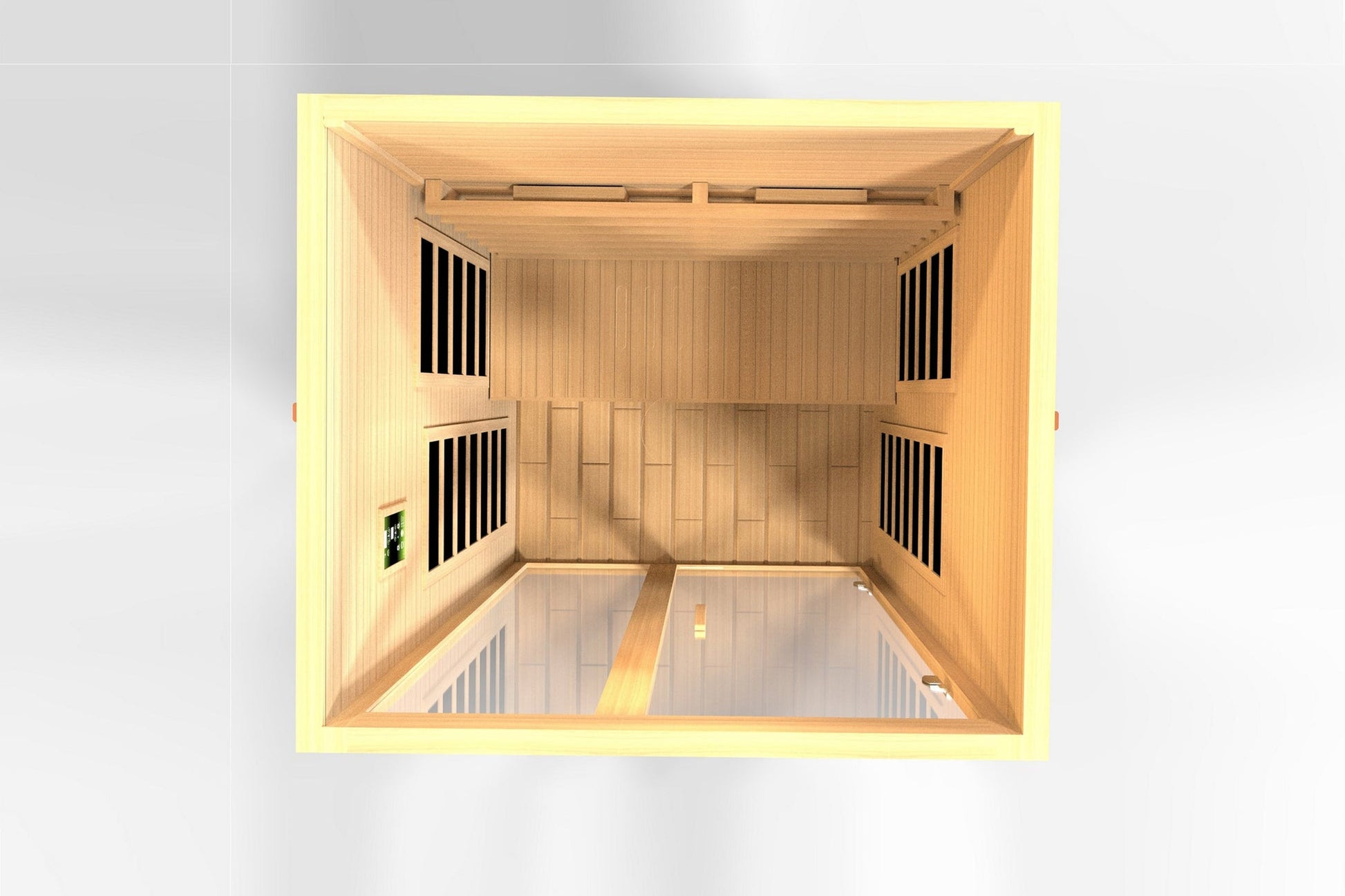 Golden Designs Serena 2-person far infrared sauna interior view with wood paneling, four black vents, and warm yellow lightin